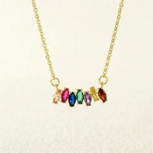 18K Gold Plated Rainbow Marquise Cubic Zirconia Bar Necklace Multi Color